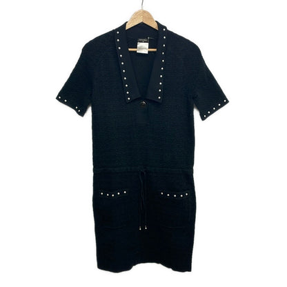 Chanel Dress 36 S Black White Short Sleeve Knee Length Knit Pearl