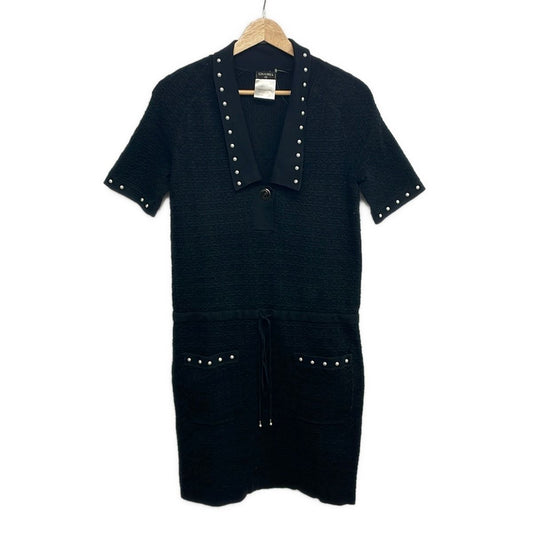 Chanel Dress 36 S Black White Short Sleeve Knee Length Knit Pearl