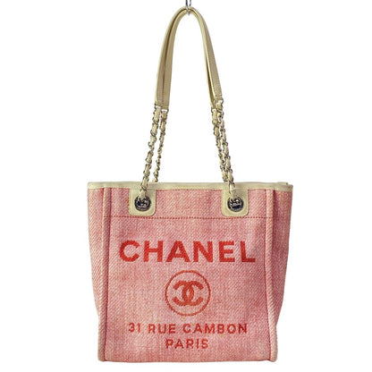 Chanel Tote Deauville Line PM Pink Ivory Chain Shoulder Silver Leather