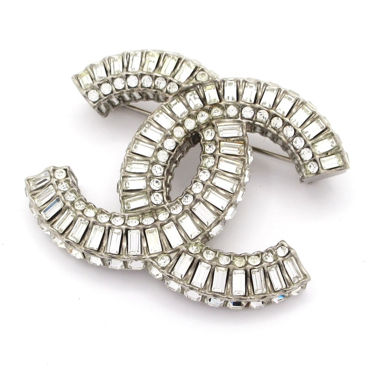 Chanel Brooch CC Logo Silver Clear Visual Rhinestone