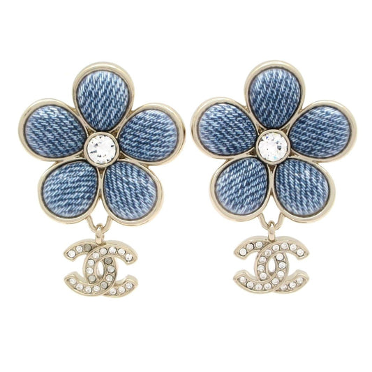 Chanel Earrings CC Logo Gold Light Blue Clear Flower Rhinestone Denim Style