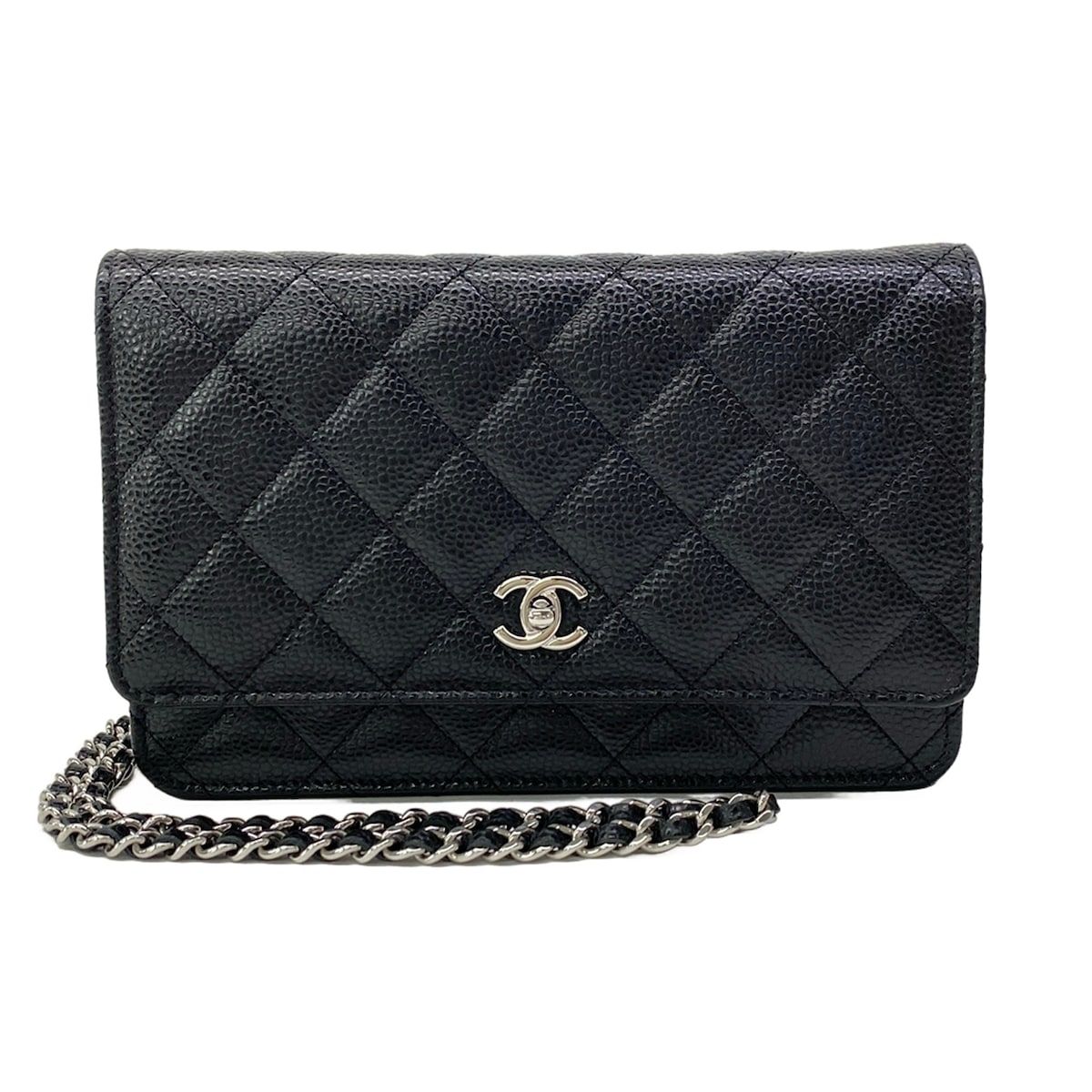Chanel Wallet Quilted Black Chain Silver Turnlock