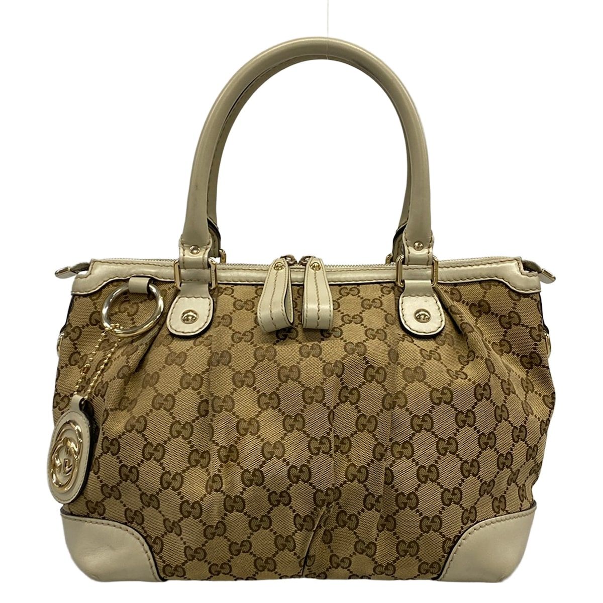Gucci Handbag Ski GG Pattern Beige Dark Brown Gray Leather