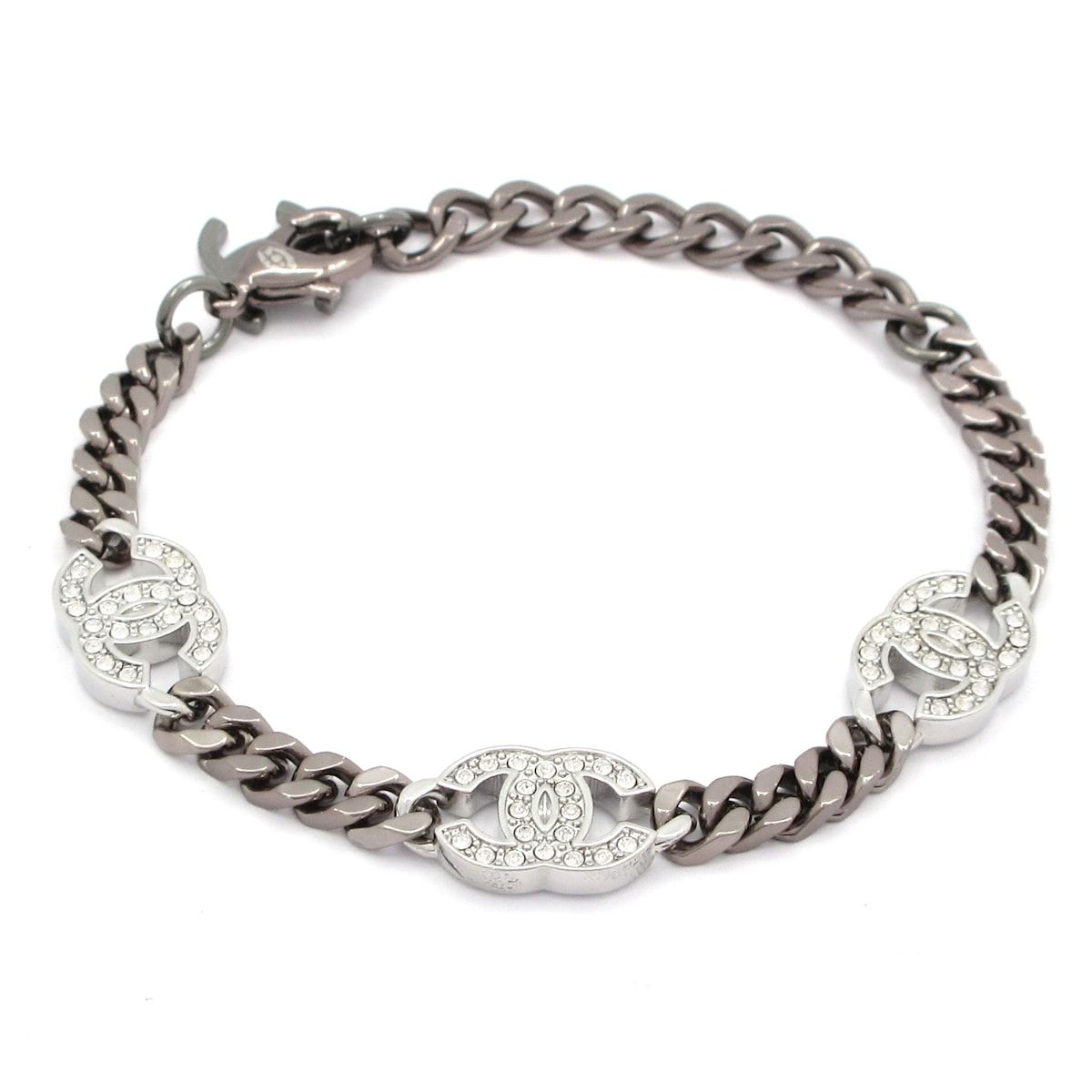 Chanel Bracelet CC Logo Silver Clear Rhinestone