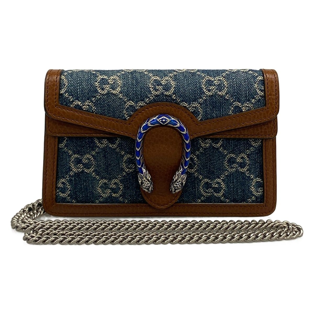 Gucci Shoulder Bag Dionysus GG Pattern Navy Ivory Dark Brown Chain Leather