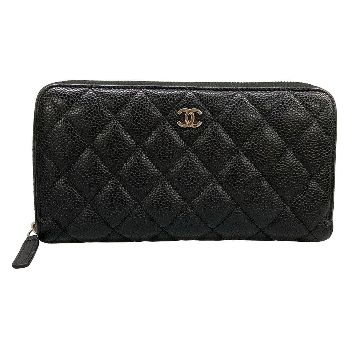 Chanel Wallet Quilted Black Silver Zip Around