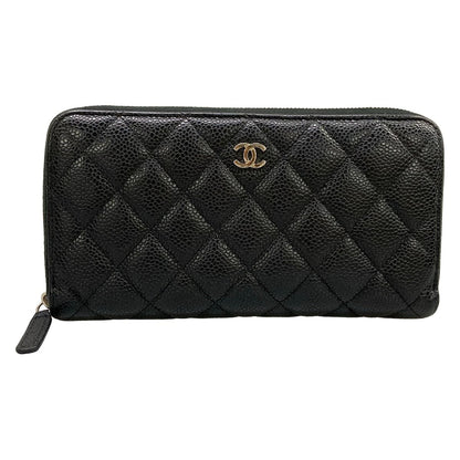 Chanel Wallet Quilted Black Silver Zip Around