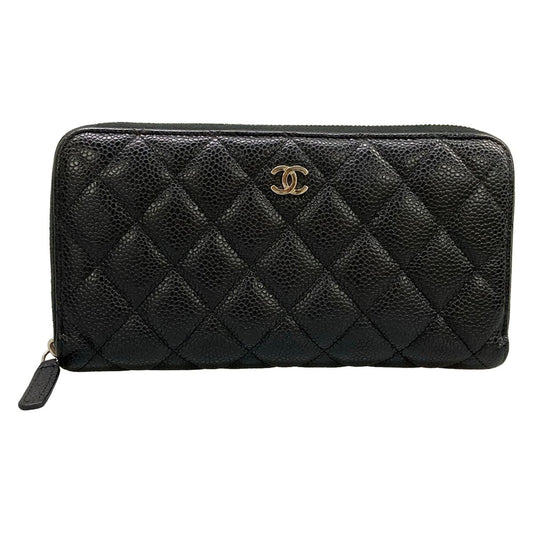 Chanel Wallet Quilted Black Silver Zip Around