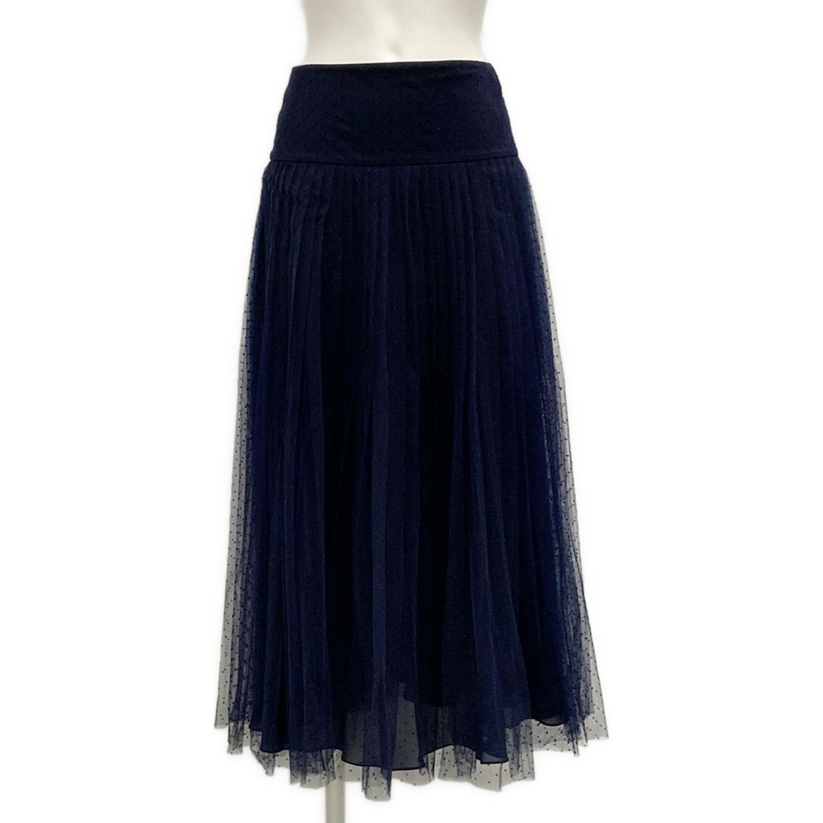 Dior Long Skirt I 40 Dark Navy Tulle Dot Pattern Pleats