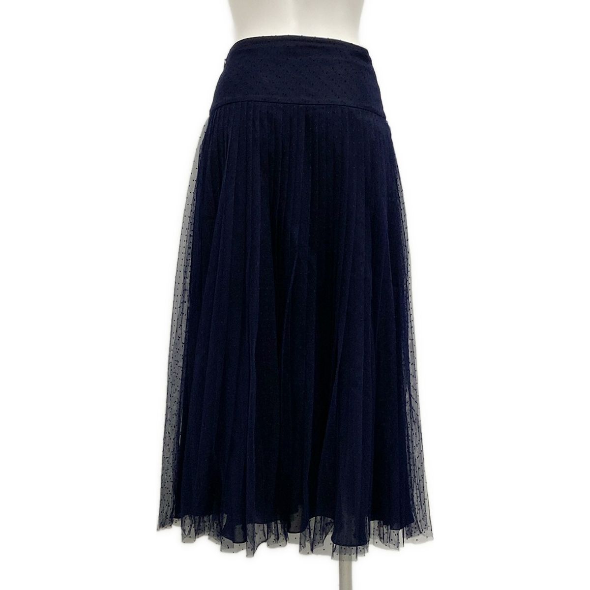 Dior Long Skirt I 40 Dark Navy Tulle Dot Pattern Pleats — view 2