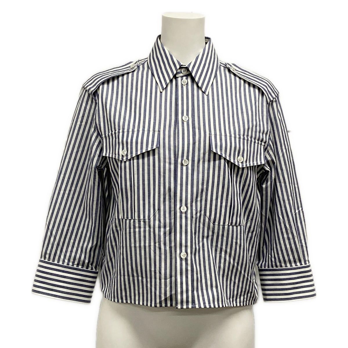 Celine Three Quarter Sleeve Shirt Blouse 34 S White Blue Gray Striped Cotton