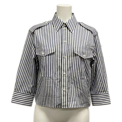 Celine Three Quarter Sleeve Shirt Blouse 34 S White Blue Gray Striped Cotton