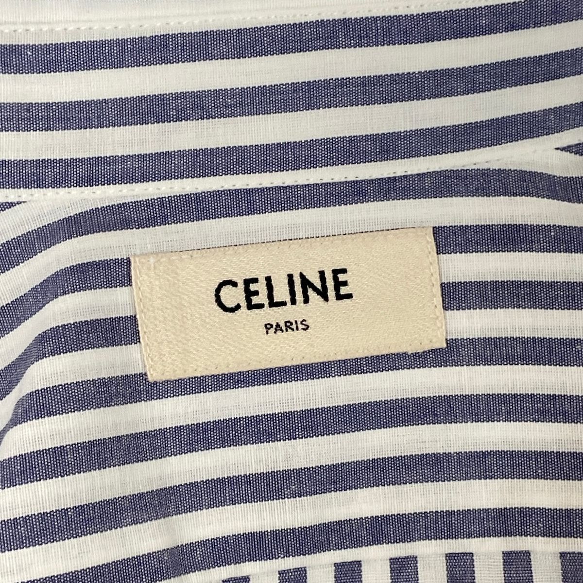 Celine Three Quarter Sleeve Shirt Blouse 34 S White Blue Gray Striped Cotton — view 3