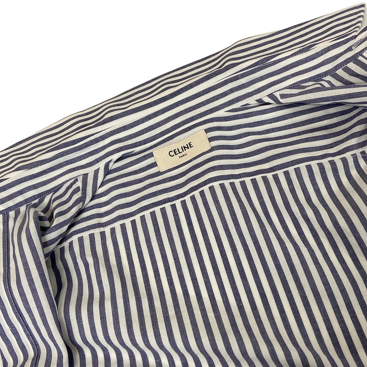 Celine Three Quarter Sleeve Shirt Blouse 34 S White Blue Gray Striped Cotton — view 8