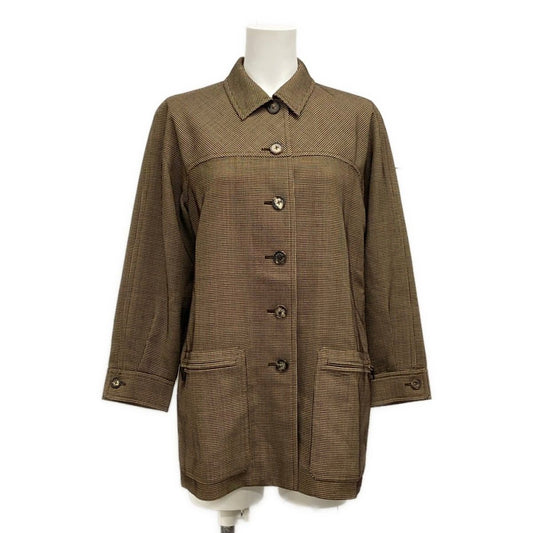 Hermes Coat 38 M Beige Dark Brown Wool Check Pattern Long Sleeve Spring Autumn
