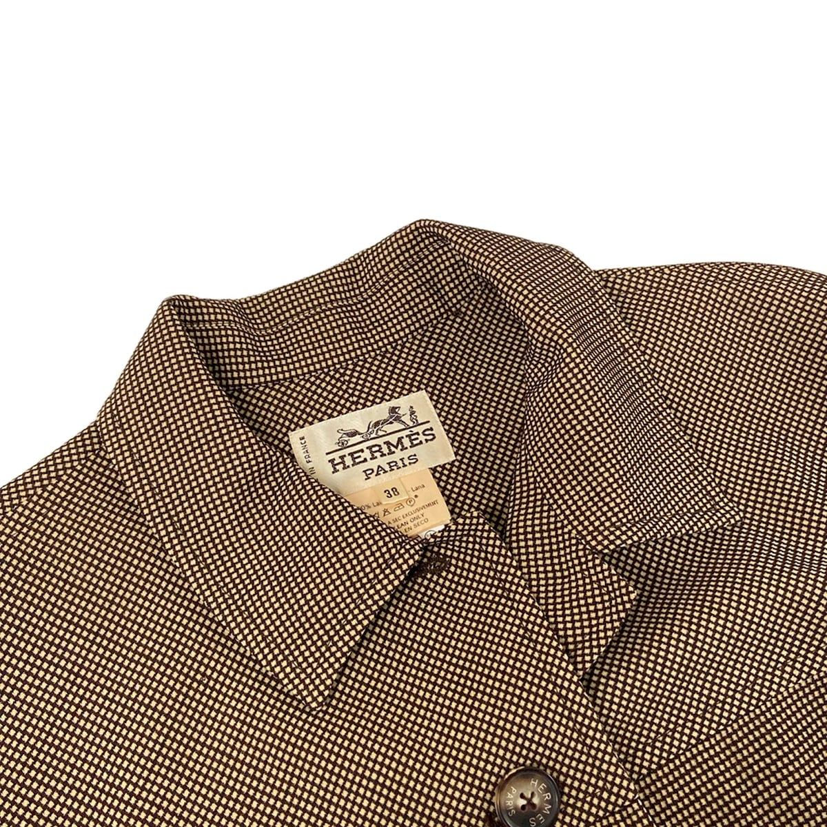 Hermes Coat 38 M Beige Dark Brown Wool Check Pattern Long Sleeve Spring Autumn — view 7