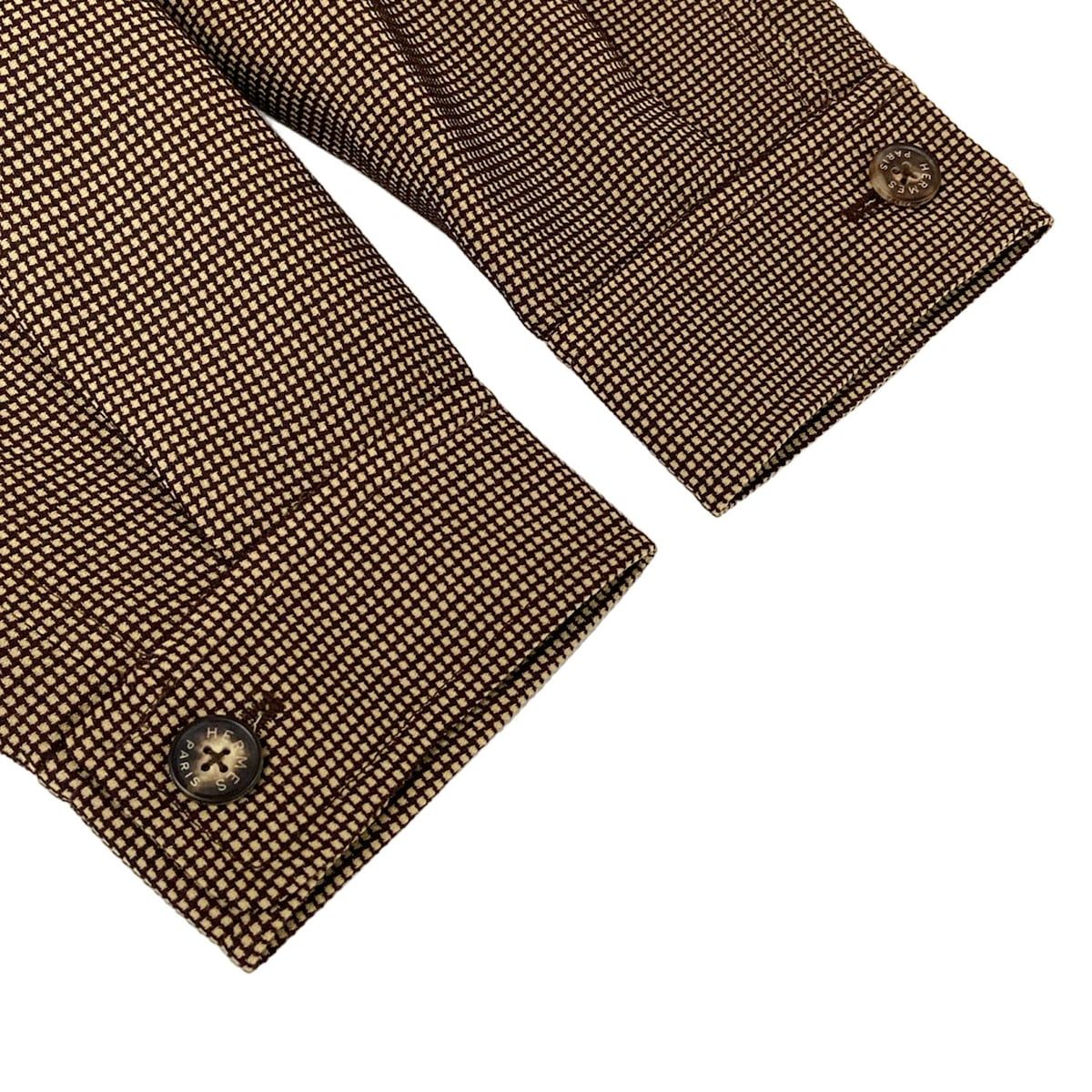 Hermes Coat 38 M Beige Dark Brown Wool Check Pattern Long Sleeve Spring Autumn — view 5