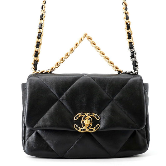 Chanel Chain Shoulder Bag 19 Quilted CC Logo Shiny Lambskin Black