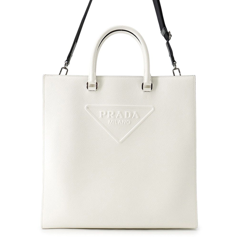 Prada Tote Triangle Embossed Logo Saffiano 2-Way Shoulder Bag White