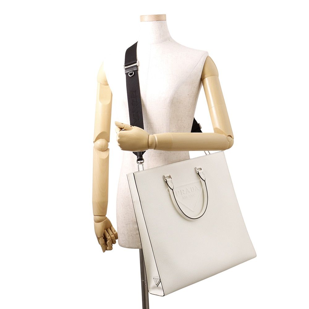 Prada Tote Triangle Embossed Logo Saffiano 2-Way Shoulder Bag White — view 5