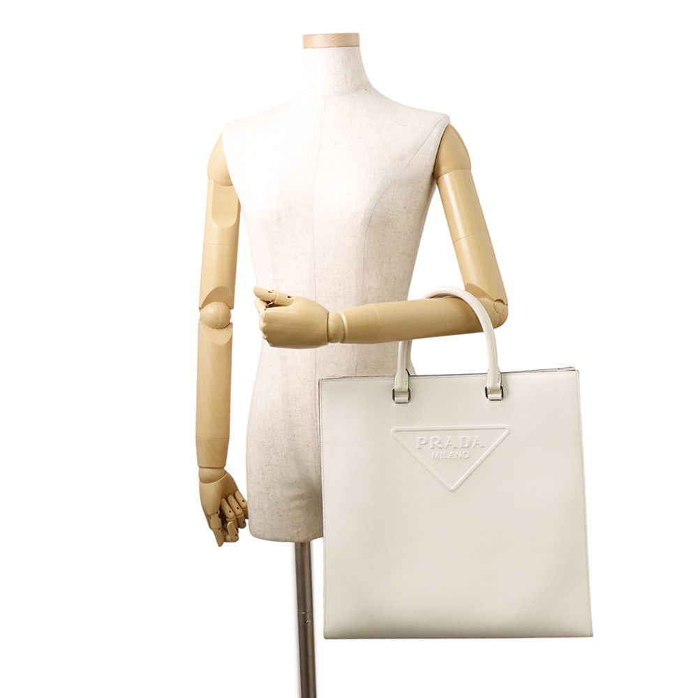 Prada Tote Triangle Embossed Logo Saffiano 2-Way Shoulder Bag White — view 4