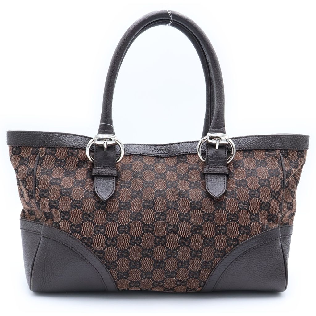 Gucci GG Campus Tote Brown Leather Canvas Silver