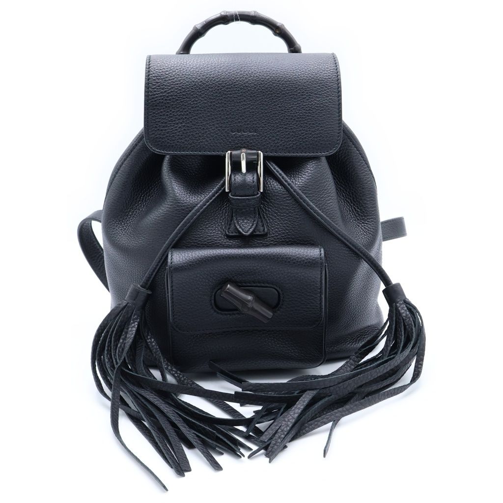 Gucci Bamboo Leather Small Backpack Black Tassel Calfskin Fringe Silver