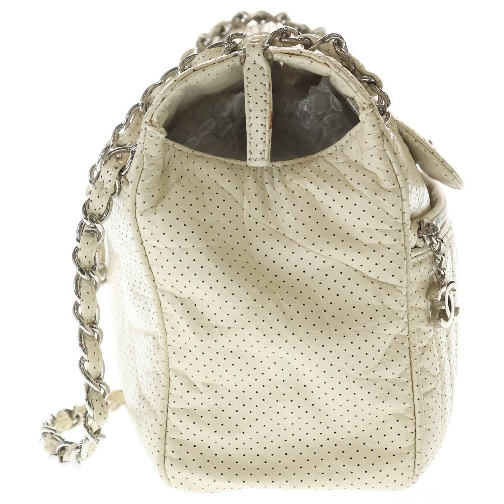 Chanel CC Logo Perforated Leather Shoulder Bag Ivory White Lambskin Silver — view 3