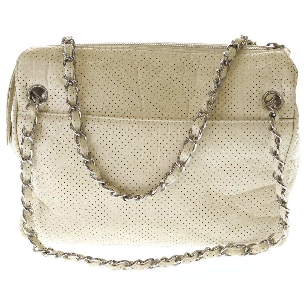 Chanel CC Logo Perforated Leather Shoulder Bag Ivory White Lambskin Silver — view 2
