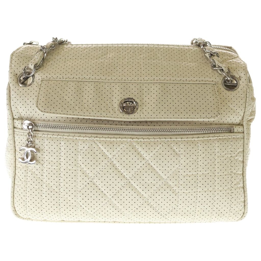Chanel CC Logo Perforated Leather Shoulder Bag Ivory White Lambskin Silver