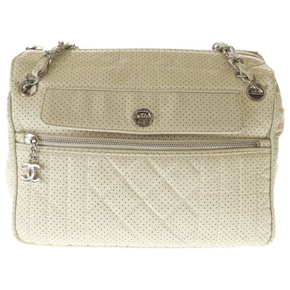 Chanel CC Logo Perforated Leather Shoulder Bag Ivory White Lambskin Silver