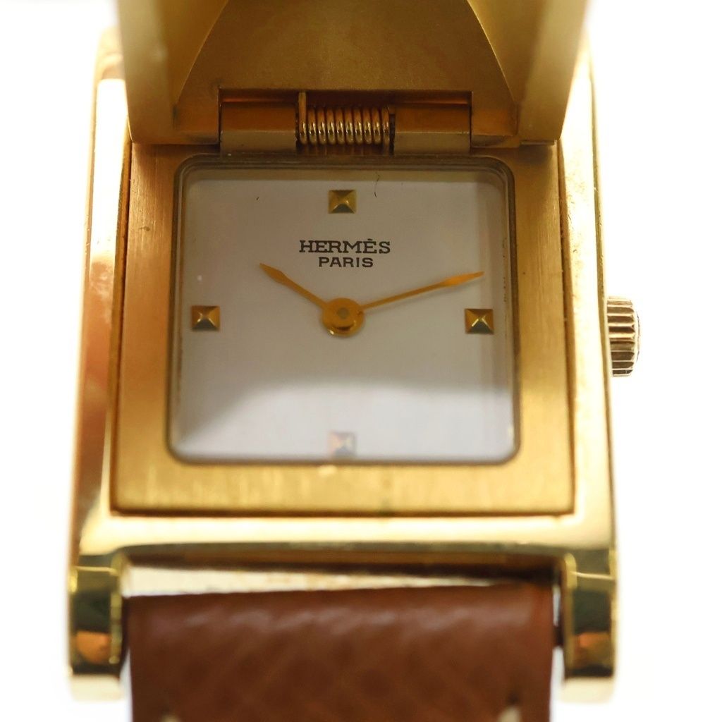 Hermes Vintage Medallion Quartz Leather Watch Gold Brown — view 6