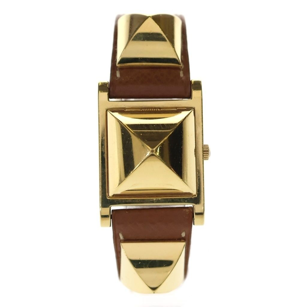Hermes Vintage Medallion Quartz Leather Watch Gold Brown