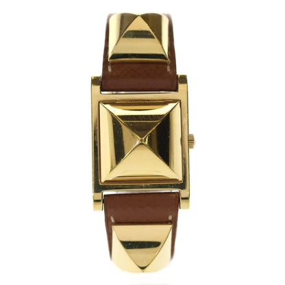 Hermes Vintage Medallion Quartz Leather Watch Gold Brown
