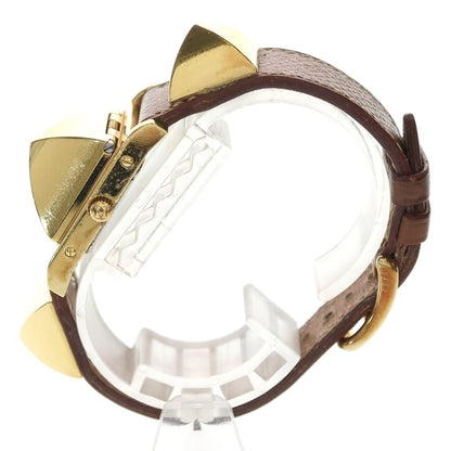 Hermes Vintage Medallion Quartz Leather Watch Gold Brown — view 3