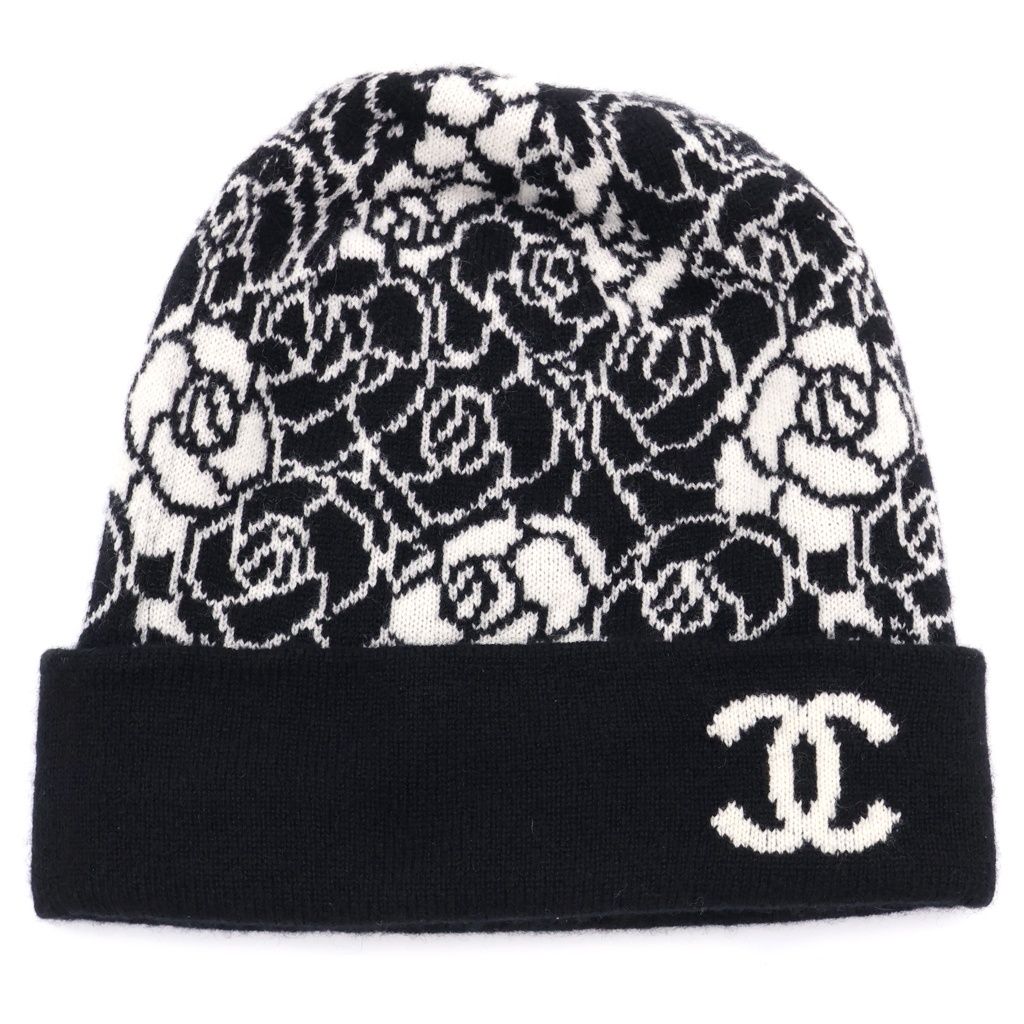Chanel CC Logo Camellia Cashmere Knit Cap Beanie Hat Black