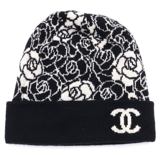 Chanel CC Logo Camellia Cashmere Knit Cap Beanie Hat Black