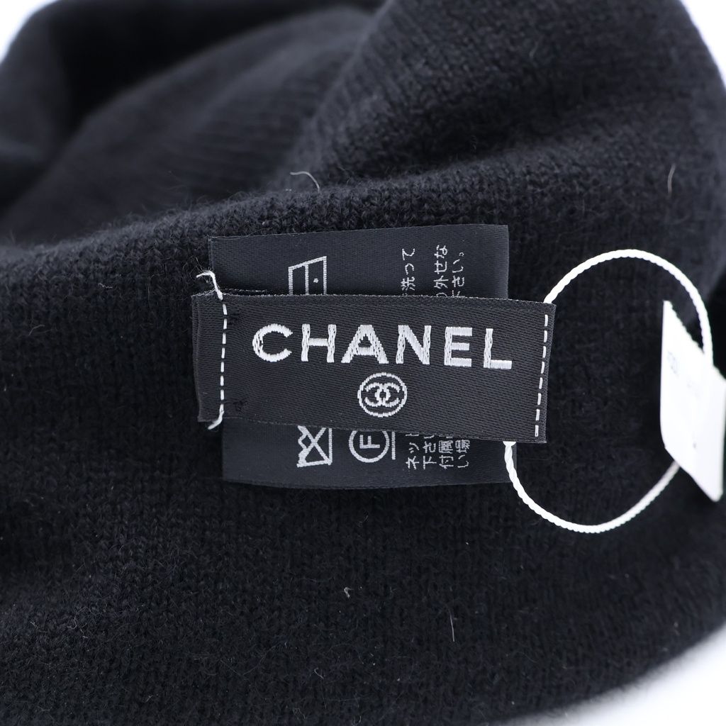 Chanel CC Logo Camellia Cashmere Knit Cap Beanie Hat Black — view 7
