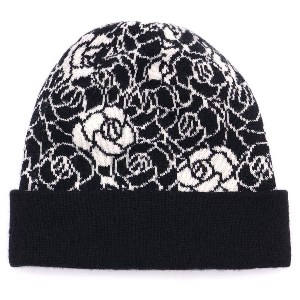 Chanel CC Logo Camellia Cashmere Knit Cap Beanie Hat Black — view 2