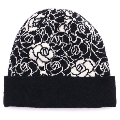 Chanel CC Logo Camellia Cashmere Knit Cap Beanie Hat Black — view 2