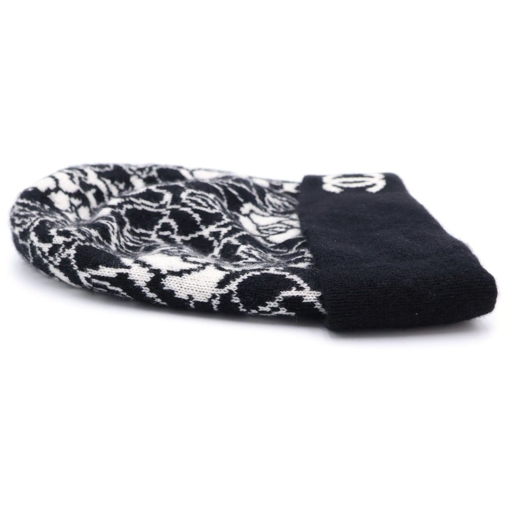 Chanel CC Logo Camellia Cashmere Knit Cap Beanie Hat Black — view 3