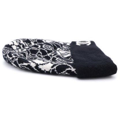 Chanel CC Logo Camellia Cashmere Knit Cap Beanie Hat Black — view 3