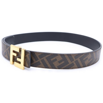 Fendi FF Logo Square Buckle Zucca Pattern Reversible Leather Belt Gold Brown