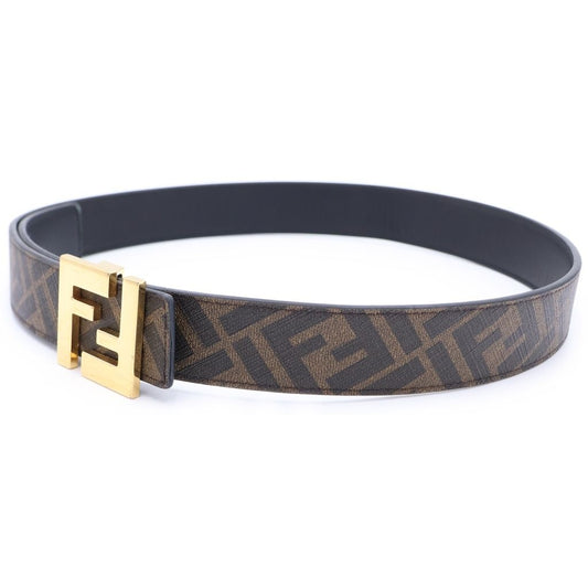 Fendi FF Logo Square Buckle Zucca Pattern Reversible Leather Belt Gold Brown