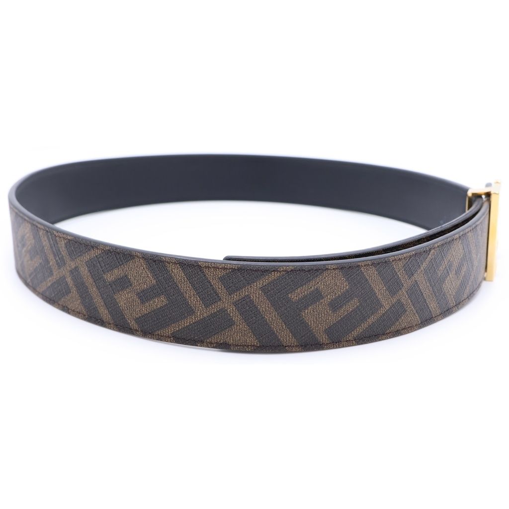 Fendi FF Logo Square Buckle Zucca Pattern Reversible Leather Belt Gold Brown — view 4