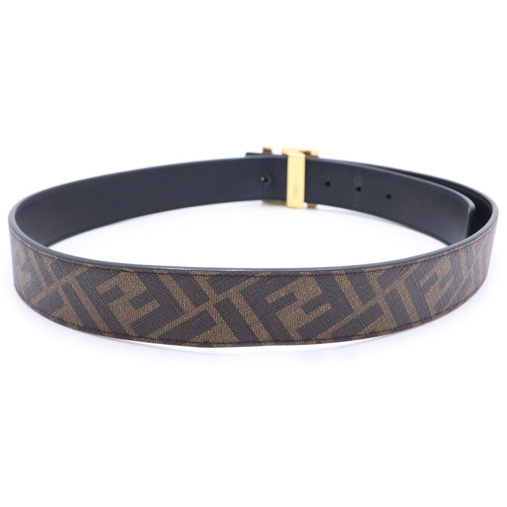 Fendi FF Logo Square Buckle Zucca Pattern Reversible Leather Belt Gold Brown — view 3