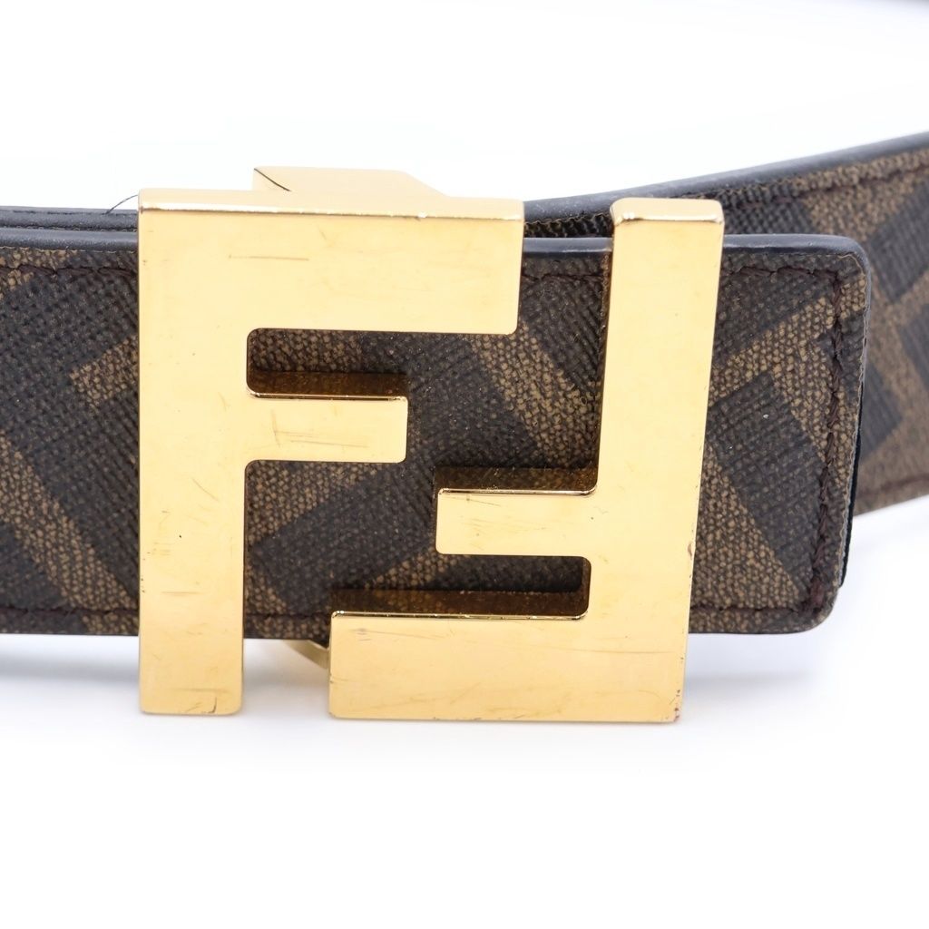 Fendi FF Logo Square Buckle Zucca Pattern Reversible Leather Belt Gold Brown — view 5