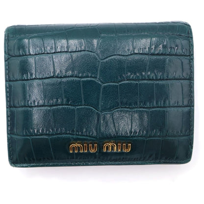 Miu Miu Mini Wallet Compact Bifold Card Case Logo Plate Green Embossed Croco