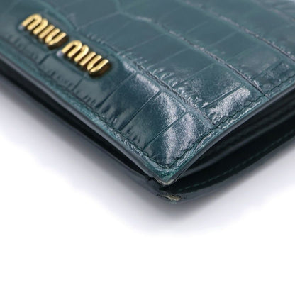 Miu Miu Mini Wallet Compact Bifold Card Case Logo Plate Green Embossed Croco — view 5