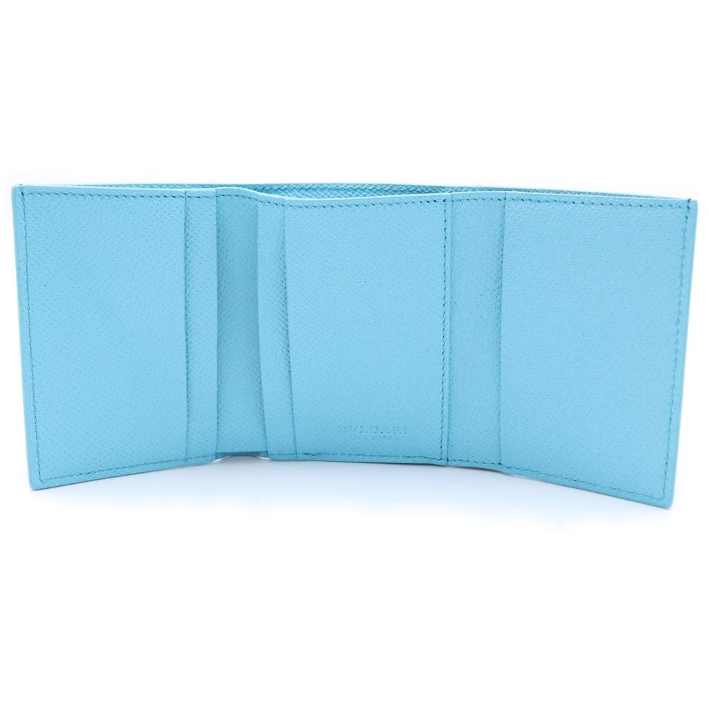 Bvlgari Clip Trifold Wallet Compact Coin Case Navy Light Blue Leather Silver — view 4